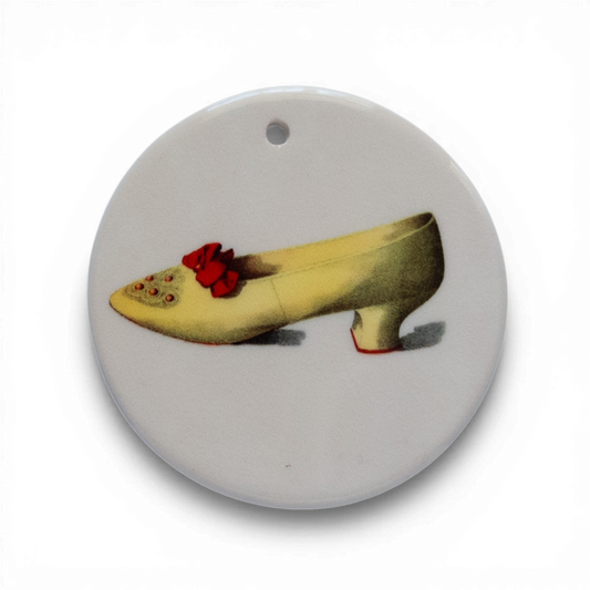 Victorian Canary Yellow Satin Shoe Ceramic Tondi – Crimson Bow & Cabochon Drama | Vintage Collectible Ornament | Unique Holiday Gift