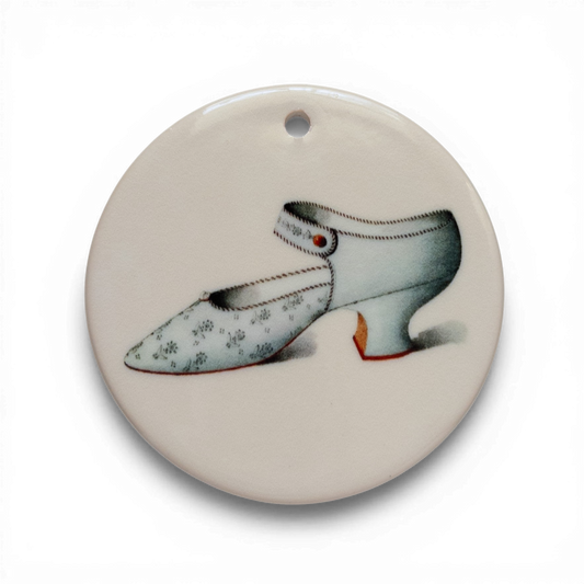 Victorian French Gray Satin Shoe Ceramic Tondi – Floral Embroidery & Sparkling Gems | Vintage Collectible Ornament | Unique Holiday Gift