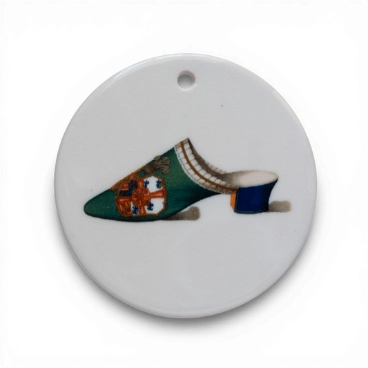 Victorian Green & Cobalt Velvet Mule Ceramic Tondi– Embroidery with Royal Flair | Vintage Collectible Ornament | Unique Holiday Gift