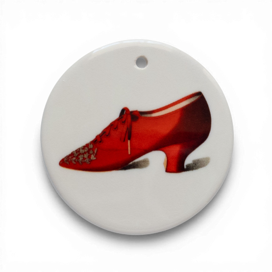 Victorian Scarlet Oxford Shoe Ceramic Tondi – Metallic Embroidery & Louis Heel | Vintage Collectible Ornament | Unique Holiday Gift