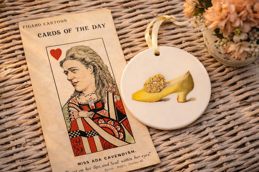 Victorian Yellow Satin Stage Shoe – Ada Cavendish | Silver Braid & Mother-of-Pearl Rosette | Victorian Ceramic Tondi | Unique Collectible Ornament