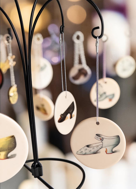 Victorian French Gray Satin Shoe Ceramic Tondi – Floral Embroidery & Sparkling Gems | Vintage Collectible Ornament | Unique Holiday Gift