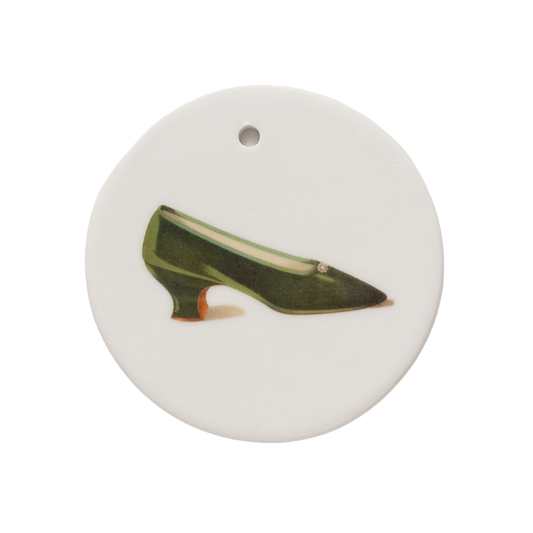 Victorian Emerald Green Velvet Shoe – Louis Heel & Paste Button | Victorian Ceramic Tondi | Unique Collectible Ornament