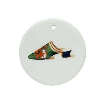 Victorian Green & Cobalt Velvet Mule Ceramic Tondi– Embroidery with Royal Flair | Vintage Collectible Ornament | Unique Holiday Gift