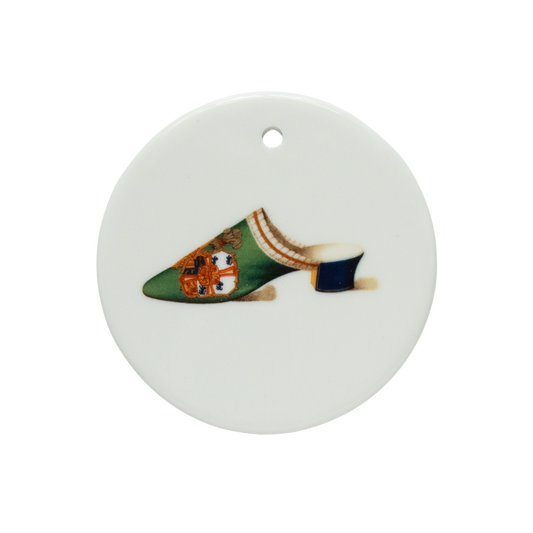 Victorian Green & Cobalt Velvet Mule Ceramic Tondi– Embroidery with Royal Flair | Vintage Collectible Ornament | Unique Holiday Gift