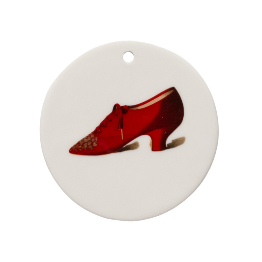 Victorian Scarlet Oxford Shoe Ceramic Tondi – Metallic Embroidery & Louis Heel | Vintage Collectible Ornament | Unique Holiday Gift