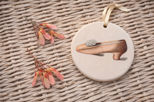 Victorian Shell Pink Satin Shoe Ceramic Tondi – Marchioness of Ely’s Regal Rosette | Vintage Collectible Ornament | Unique Holiday Gift