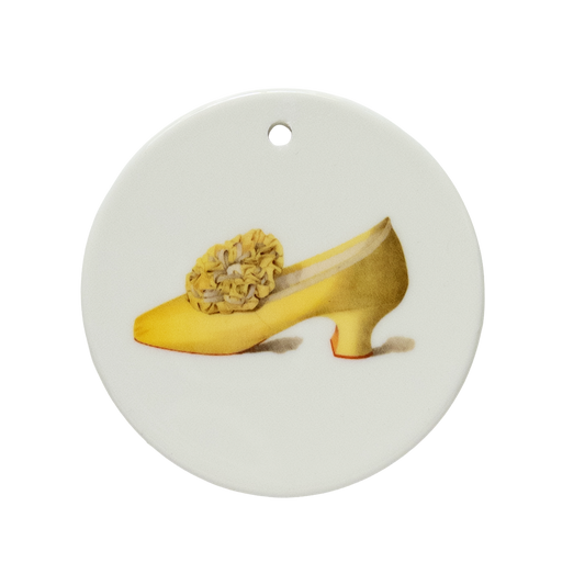 Victorian Yellow Satin Stage Shoe – Ada Cavendish | Silver Braid & Mother-of-Pearl Rosette | Victorian Ceramic Tondi | Unique Collectible Ornament