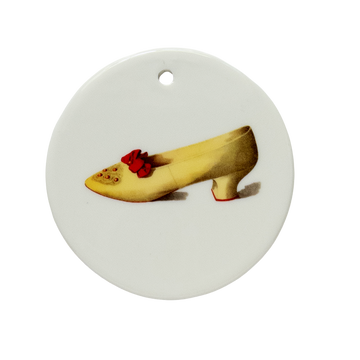 Victorian Canary Yellow Satin Shoe Ceramic Tondi – Crimson Bow & Cabochon Drama | Vintage Collectible Ornament | Unique Holiday Gift