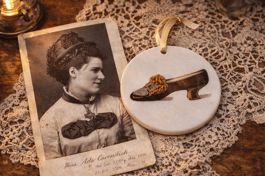 Ada Cavendish Stage Shoe Ceramic Tondi – Bronze Victorian Diva & Theatre Drama | Vintage Collectible Ornament | Unique Holiday Gift
