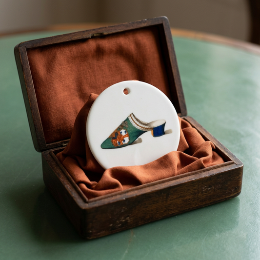 Victorian Green & Cobalt Velvet Mule Ceramic Tondi– Embroidery with Royal Flair | Vintage Collectible Ornament | Unique Holiday Gift