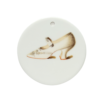Edna May’s Belle of New York Shoe – White Silk & Silver Bead Embroidery | Victorian Ceramic Tondi | Unique Collectible Ornament